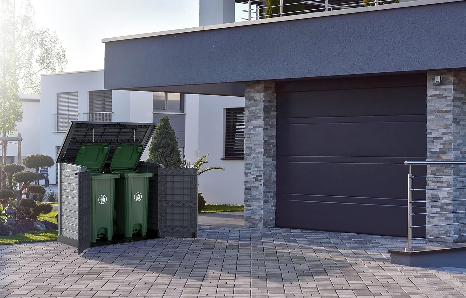 Duramax StoreAway 1200L Plastic Garden Shed/ Flat Lid,Outdoor Storage Shed,Wheelie Bin Hideaways,Wheelie bin box,Durable Construction,Ideal for Bikes,BBQs & 2x 240L Bins,145x85x125 cm,Brown