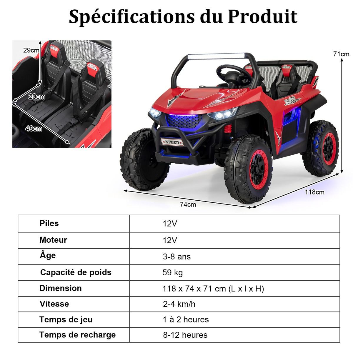 Voiture électrique Enfant 12 V Télécommande pour 3-8 Ans 2 Vitesses Ressort de Suspension Charge 59KG 118x74x71CM Noir/Rose/Rouge -