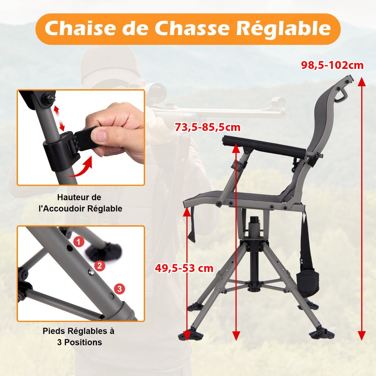 Chaise de Chasse Portable Chaise de Tir avec Sige de Pliable Rglables Rotation  360掳 Support de Fusil Rglable Charge 150 kg Noir -