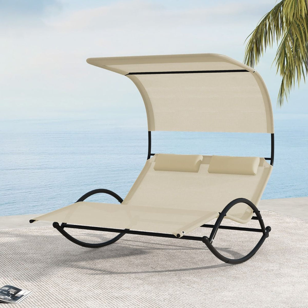 Chaise Longue Double Chaise  Bascule pour 2 Personnes 2 Appui-T锚tes Amovibles Cadre en Mtal Robuste Lit de Repos Ergonomique 2 Places Gris/Noir/Beige -