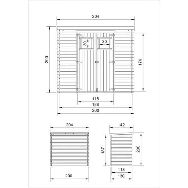 Abri de jardin en bois L204 x l142 x H200 cm / 2,22 m -