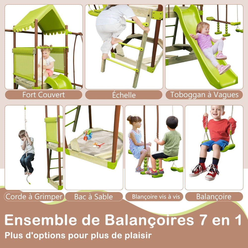 Balançoire 7-en-1 Aire de Jeu en Métal avec Fort Couvert Réglable en Hauteur Corde d'Escalade Bac à Sable Glisseur Toboggan Ondulé Vert -