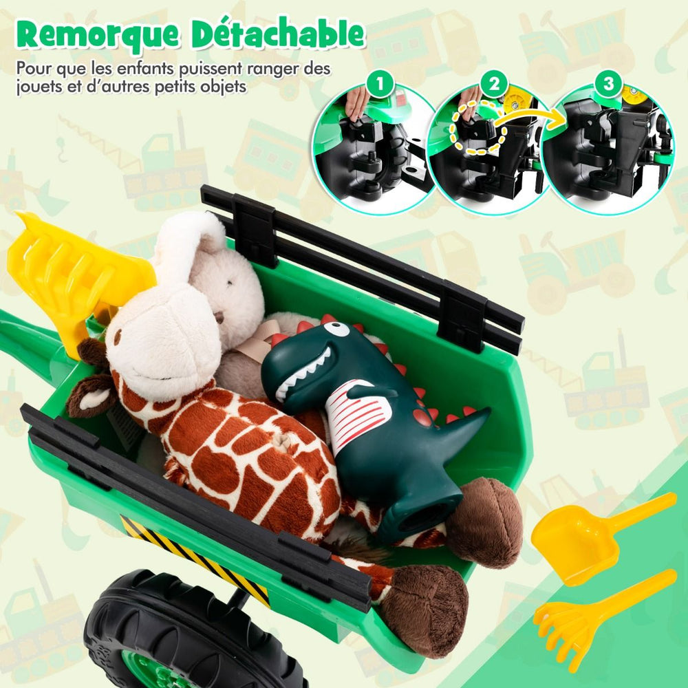 3 en 1 Tracteur pour Enfant avec 6 Roues Jouet Pelle Remorque Amovible avec Volant Klaxon 3  6 Ans Jaune/Vert -