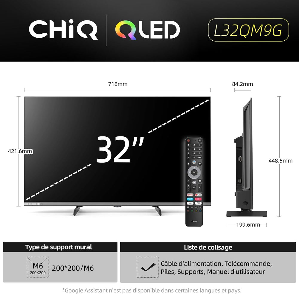 CHIQ L32QM9G 32 Pouces (80 cm) FHD Smart Téléviseur QLED HDR10 Google TV Google Assistant Tuner Triple Dolby Audio DBX-TV Chromecast intégré HDMI USB sans Cadre en Métal Noir