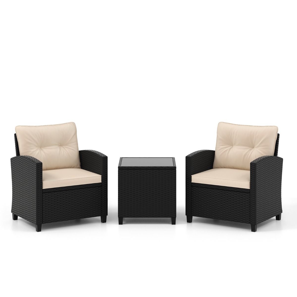 Ensemble de Meubles 3 Pices de Patio en Rotin Charge 180KG Salon de Jardin 2 Fauteuils Table Basse avec Plateau Noir/Beige/Blanc -
