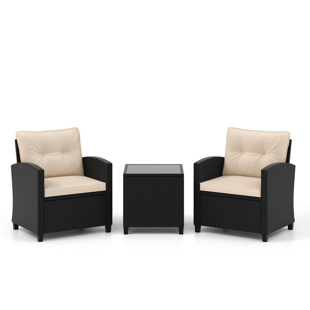 Ensemble de Meubles 3 Pices de Patio en Rotin Charge 180KG Salon de Jardin 2 Fauteuils Table Basse avec Plateau Noir/Beige/Blanc -