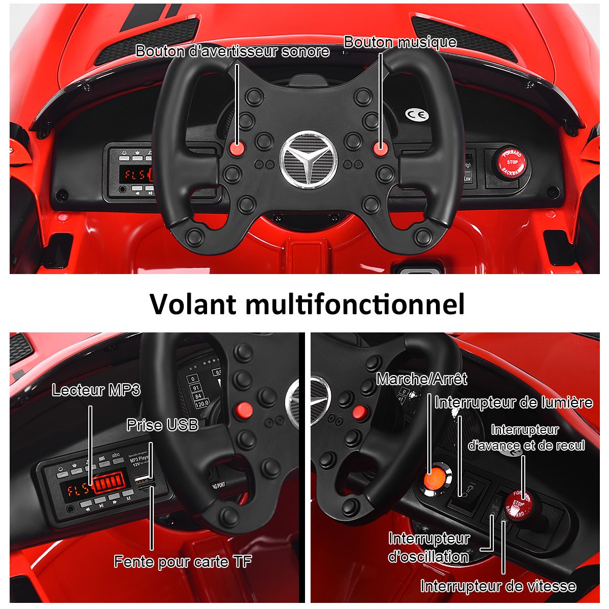 Voiture Sport Electrique 12 V pour Enfants Vitesse Max.: 5 km/h Tlcommande 2.4G MP3 Effets Sonores Lumineux Rouge -