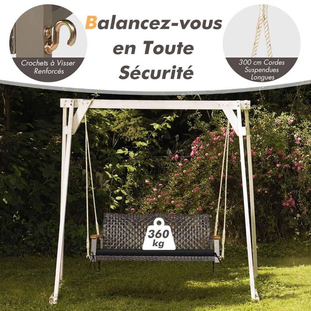 Banc Suspendu de Jardin en Rotin 2 Place Accoudoirs en Bois d'Acacia Cadre en Mtal Coussin Cordes Crochets Blanc/Noir -