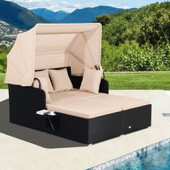 Chaise Longue à 2 Places en Rotin avec Auvent Rétractable Bain de Soleil avec Panneaux Latéraux Pliables Charge 360KG Beige/Gris -