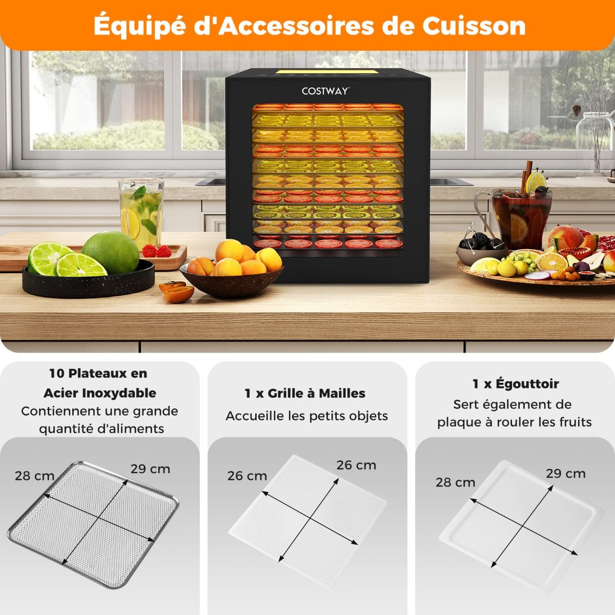 Dshydrateur Alimentaire Schoir  10 Plateaux en Acier Inoxydable avec 10 Programmes Prrgls Minuterie de 48H&Temprature de 30-75鈩Noir -
