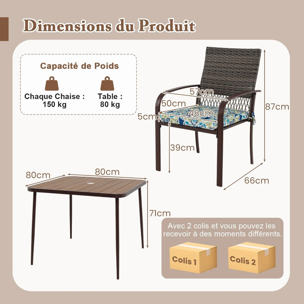 Ensemble de Meubles de Patio 5 Pièces Salon de Jardin 4 Fauteuils en Rotin avec Coussins et Table Carrée avec Trou pour Parasol -