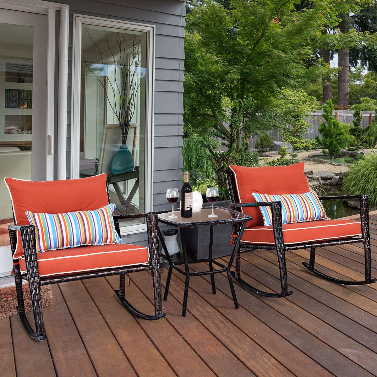 Ensemble de Jardin avec 2 Fauteuils  Bascule et 1 Table Basse en Verre Tremp Tous Coussins Inclus en Rotin PE -