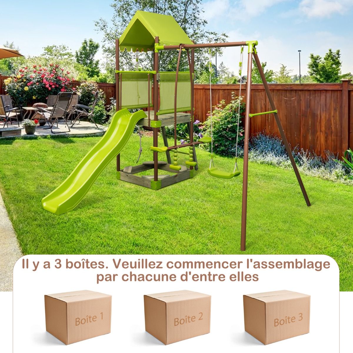 Balançoire 7-en-1 Aire de Jeu en Métal avec Fort Couvert Réglable en Hauteur Corde d'Escalade Bac à Sable Glisseur Toboggan Ondulé Vert -