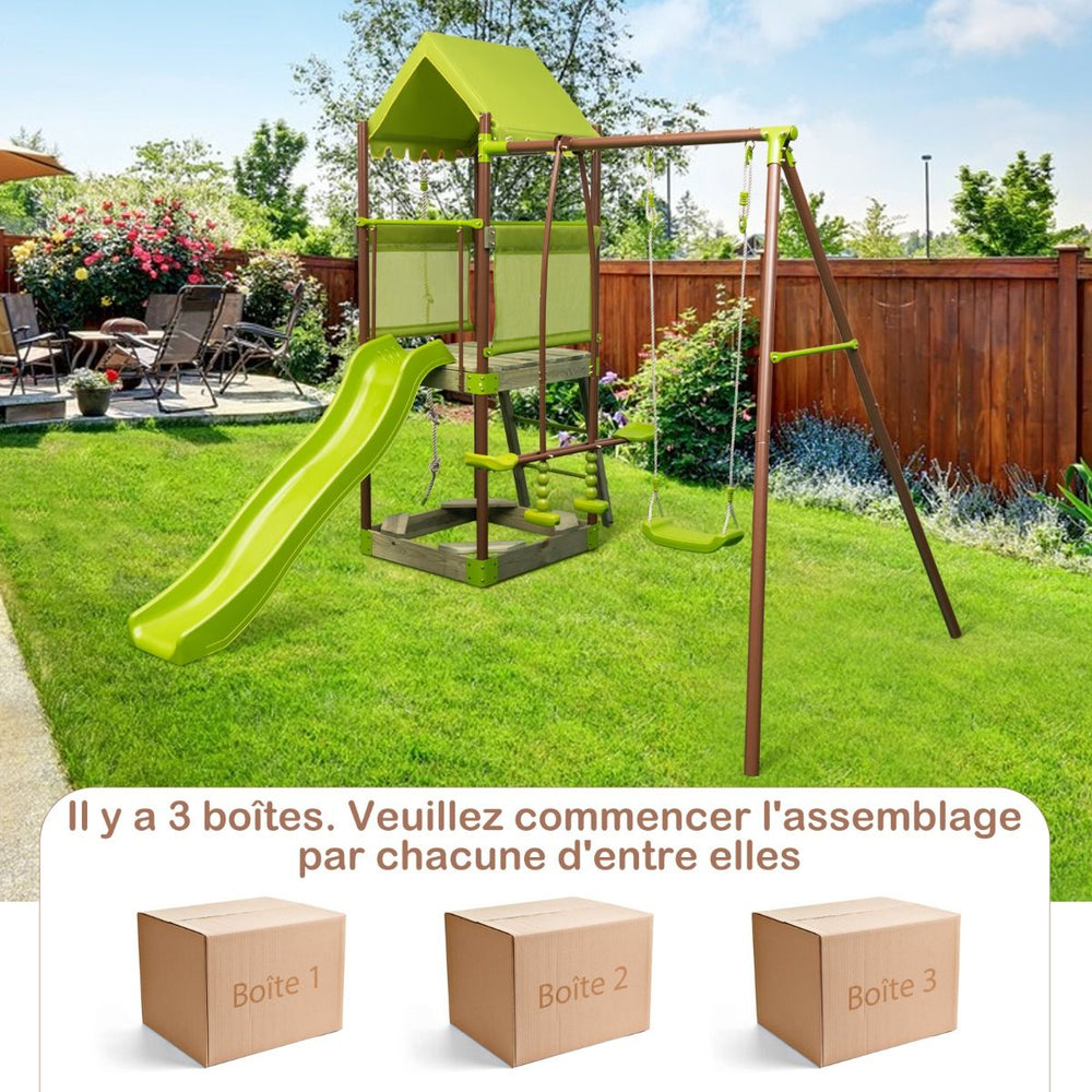 Balançoire 7-en-1 Aire de Jeu en Métal avec Fort Couvert Réglable en Hauteur Corde d'Escalade Bac à Sable Glisseur Toboggan Ondulé Vert -