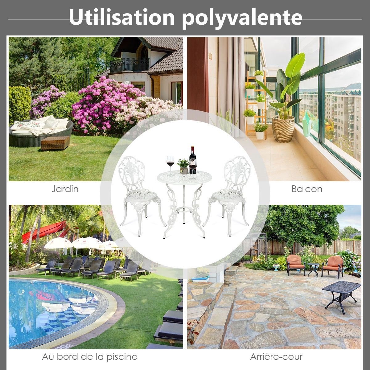 Ensemble Table et 2 Chaises pour Jardin en Aluminium en Forme de Rose Blanc Résistant aux Intempéries -