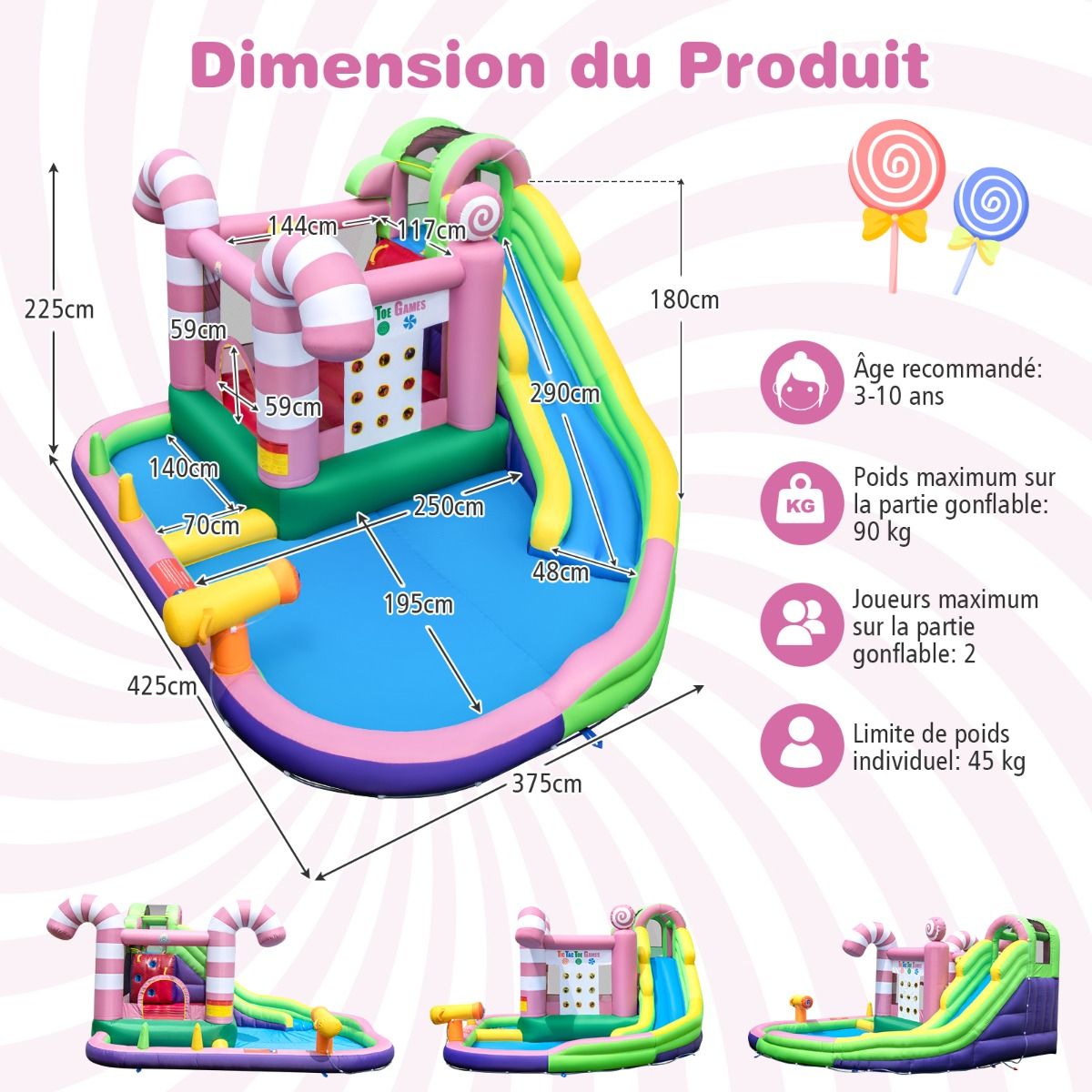 9 en 1 Château Gonflable en Forme Bonbons avec Toboggan Maison de Saut Gonflable avec Pistolet à Eau Charge 90kg pour 2 Enfants de 3-10 Ans -