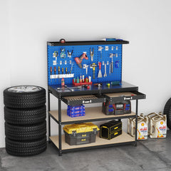 Établi de Bricolage 121 x 61 cm Table de Travail en Métal de 230 kg avec 3 Panneaux Perforés 24 Accessoires de Suspension Noir/Bleu Marine -