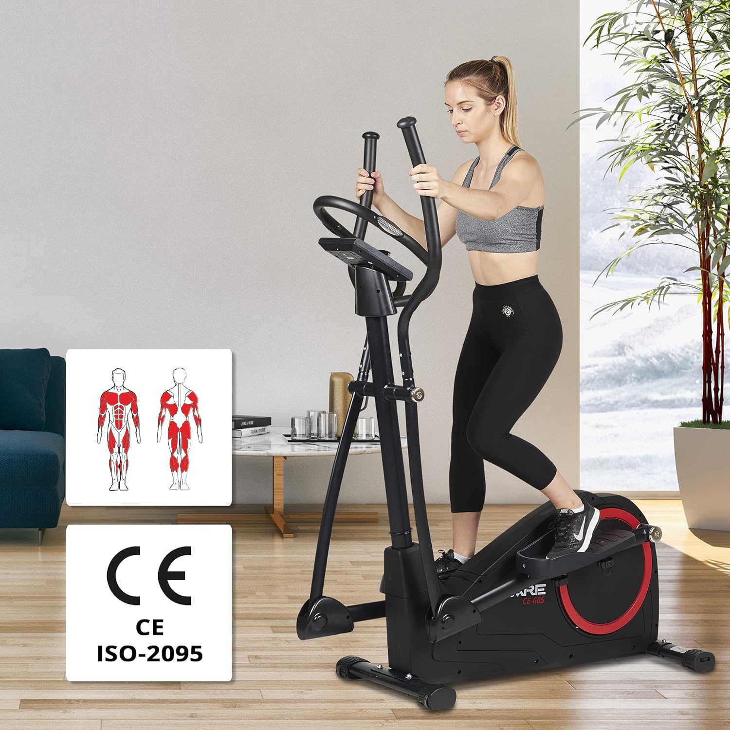 Care Fitness - Vélo Elliptique Motorisé CE-685-24 Niveaux de Difficulté - 24 Programmes - Compteur Écran LCD - Port USB - Porte Tablette - Compatible Application Kinomap