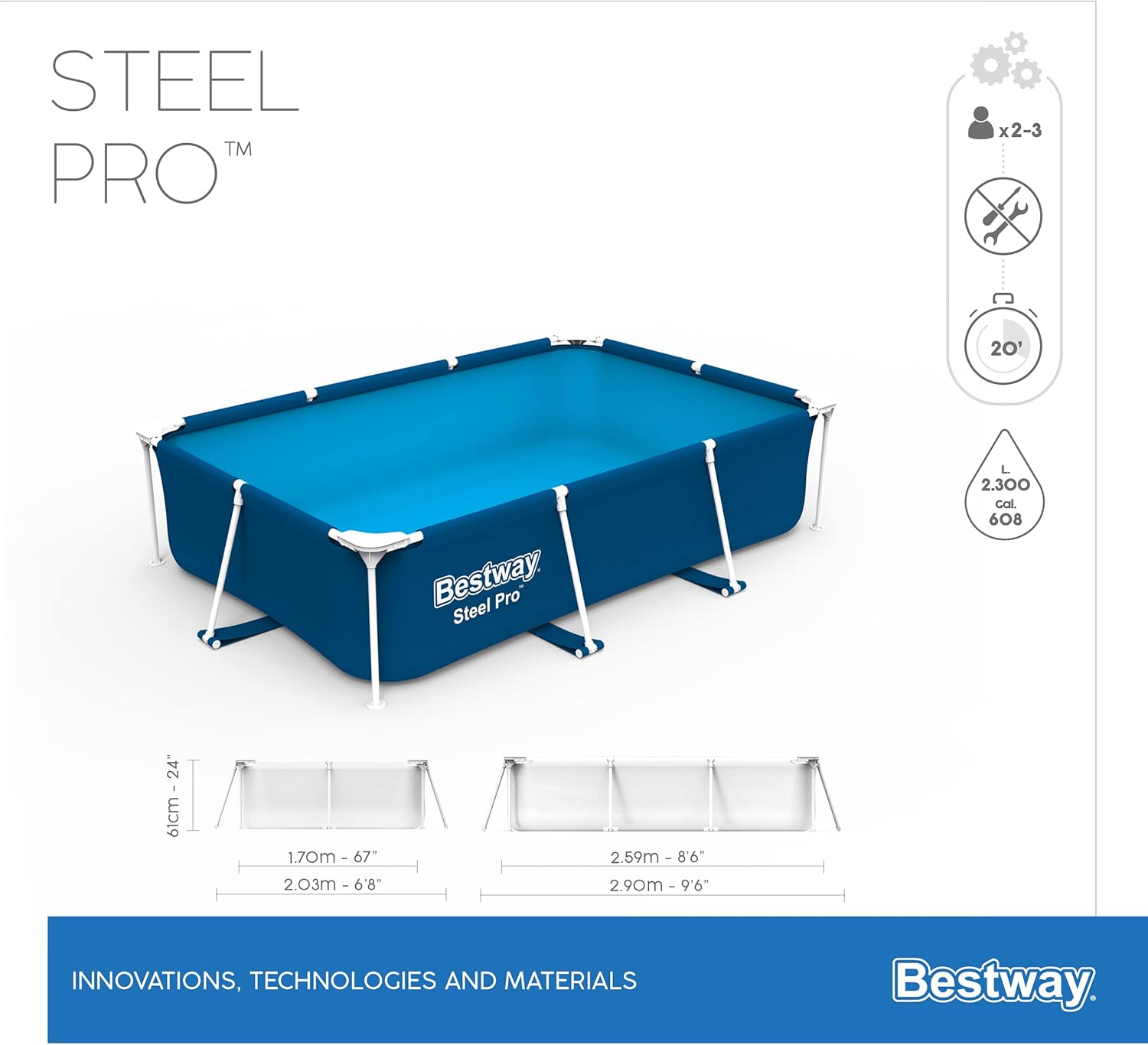 Steel Pro Piscine Hors Sol Rectangulaire 2,59 m X 1,70 m X 61 cm,Bleu