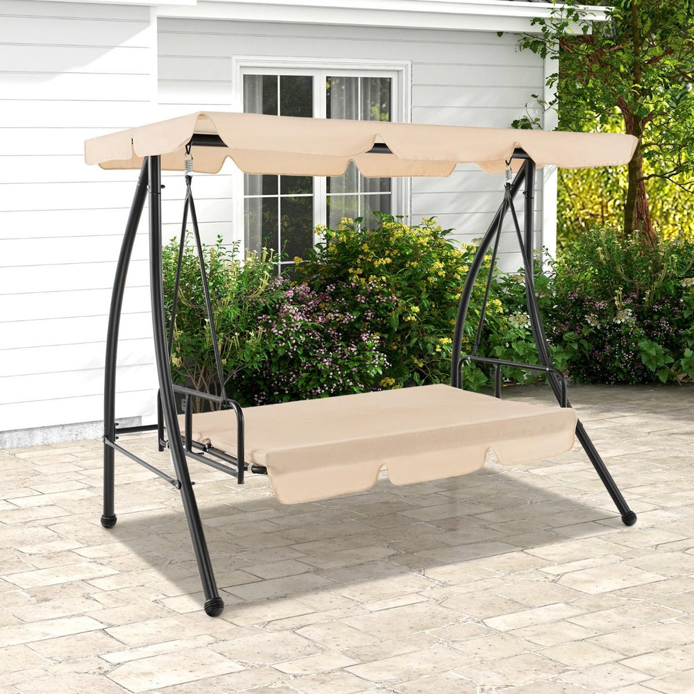Balancelle d'Extrieur Convertible 2 Places avec Lit Plat Hamac de Terrasse avec Auvent Rglable et Coussin Amovible Pour Jardin -