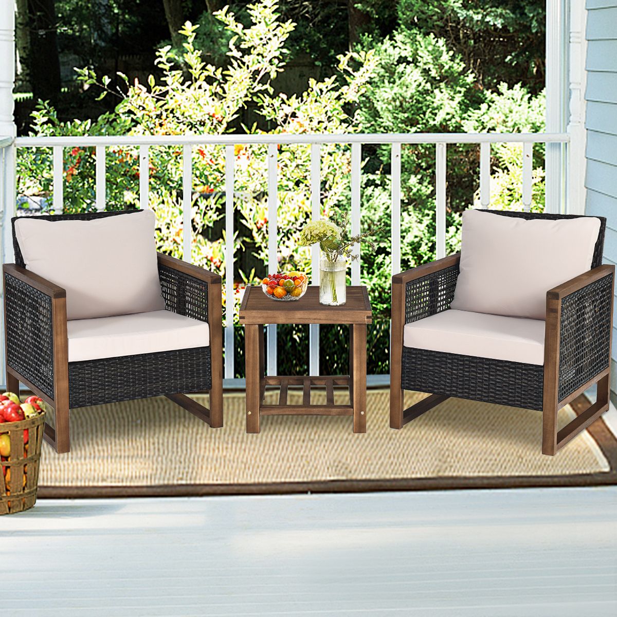 Ensemble Salon de Jardin en Bois d'Acacia Rotin Artisanal Anti-soleil Résistant aux Intempéries pour Porche Balcon Terrasse -