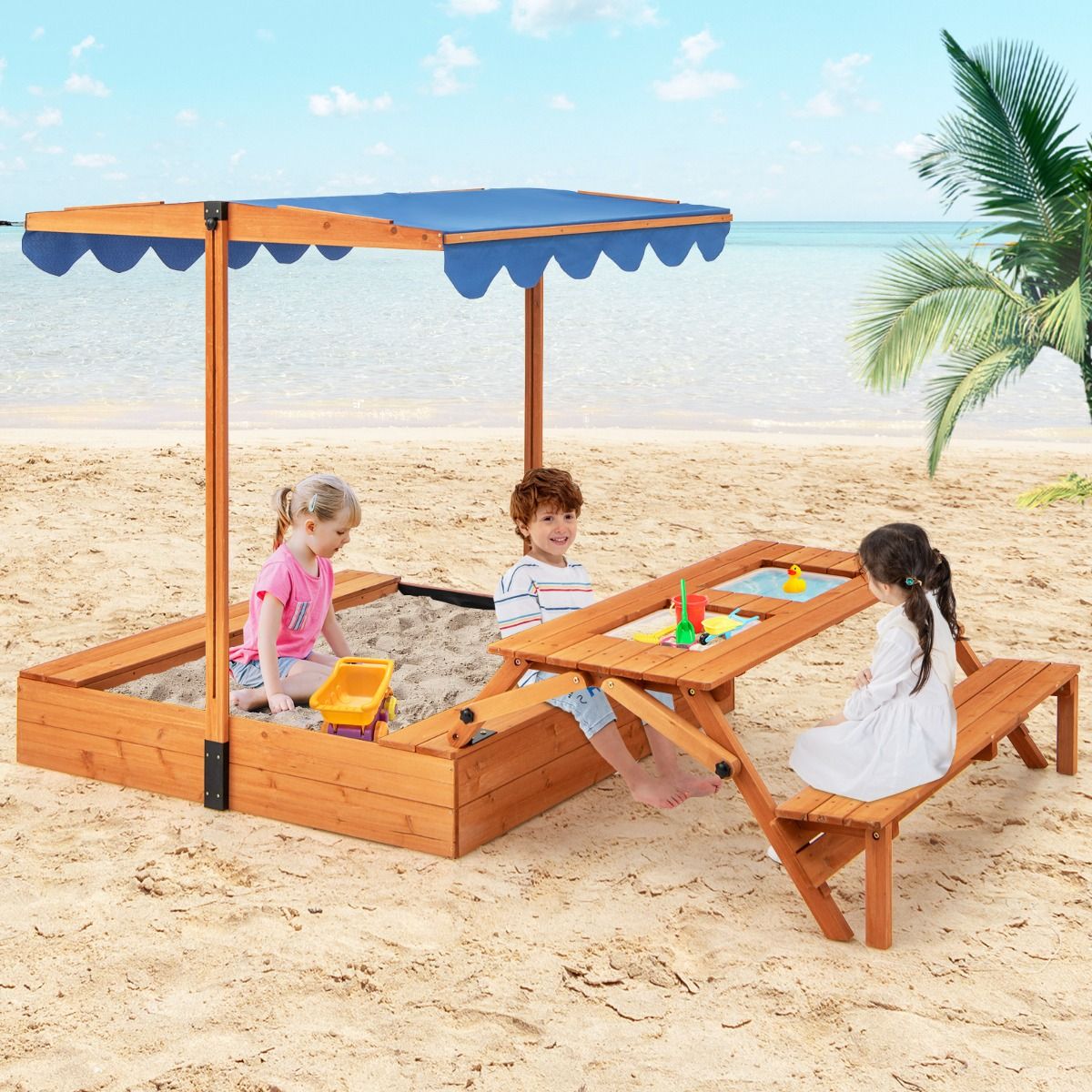 Bac à Sable en Bois pour Enfants avec Couvercle Aire de Jeux avec Table Sensorielle Pliable & Banc Parasol Ajustable pour 3+ Ans Naturel -