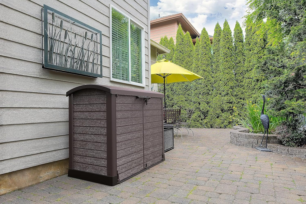Duramax StoreAway 1200L Plastic Garden Shed/ Flat Lid,Outdoor Storage Shed,Wheelie Bin Hideaways,Wheelie bin box,Durable Construction,Ideal for Bikes,BBQs & 2x 240L Bins,145x85x125 cm,Brown