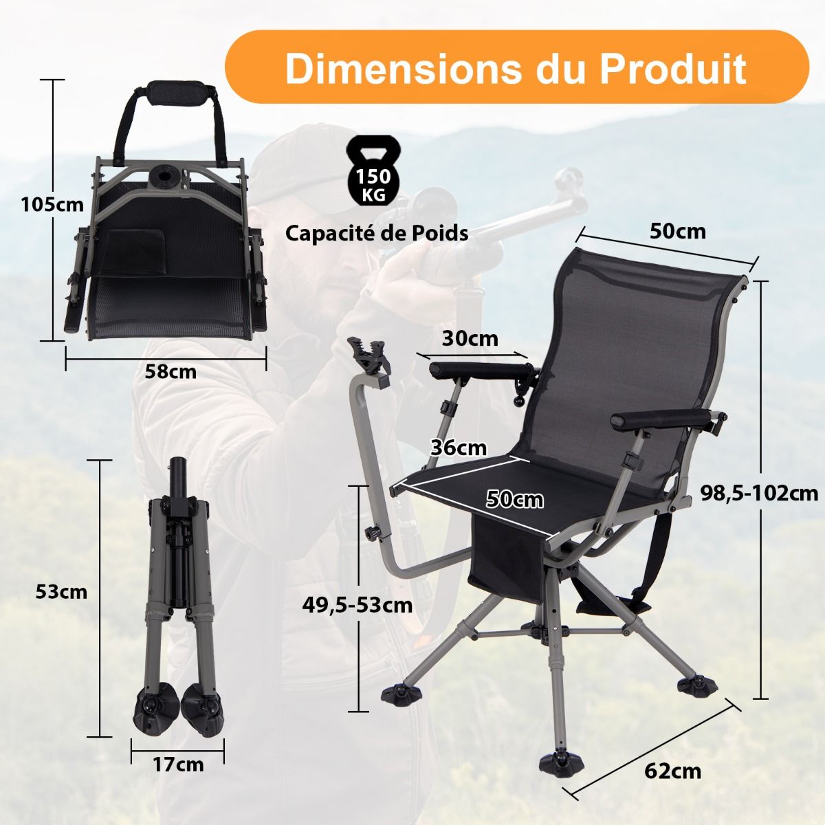 Chaise de Chasse Portable Chaise de Tir avec Sige de Pliable Rglables Rotation  360掳 Support de Fusil Rglable Charge 150 kg Noir -