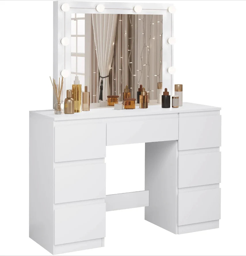 Coiffeuse Blanche avec Miroir LED - 7 Tiroirs -