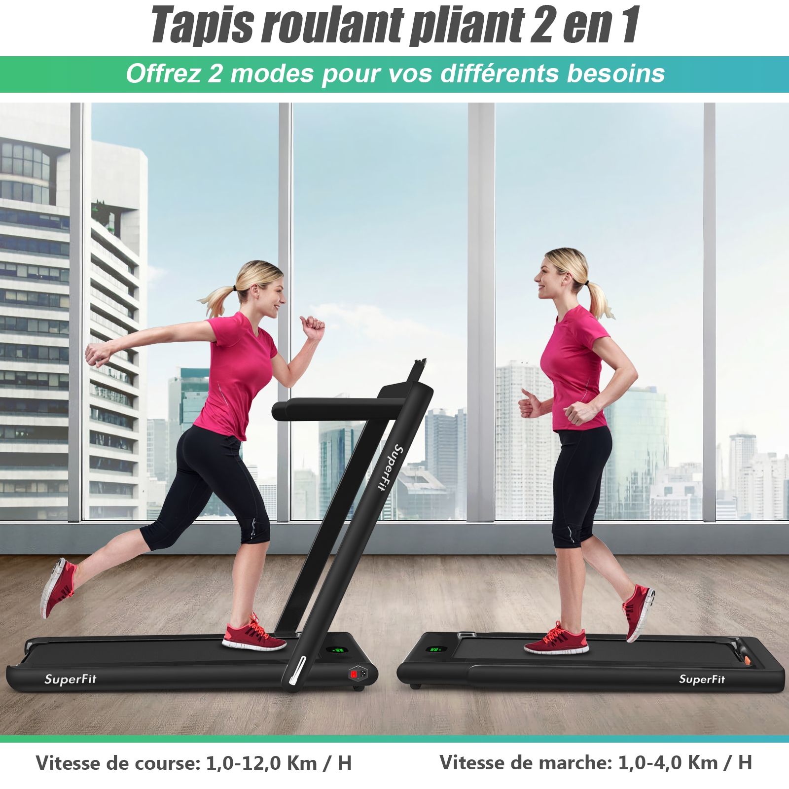 2 en 1 Tapis de Course Electrique Pliable 1 à 12 Km/H avec Haut-parleur Bluetooth Télécommande Moteur 0,75HP Vert/Blanc/Noir/Rouge/Or/Noir et Argenté/Bleu -
