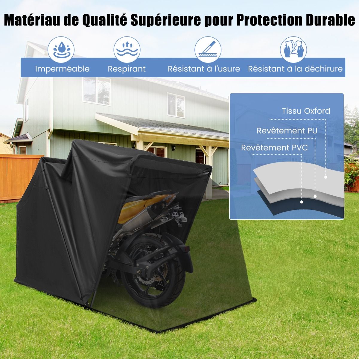 Abri de Moto Extérieur Tente Moto avec Housse en Tissu Oxford Fenêtres en Maille Enroulables Housse Moto Exterieur Étanche pour Moto Vélos Outils Noir -