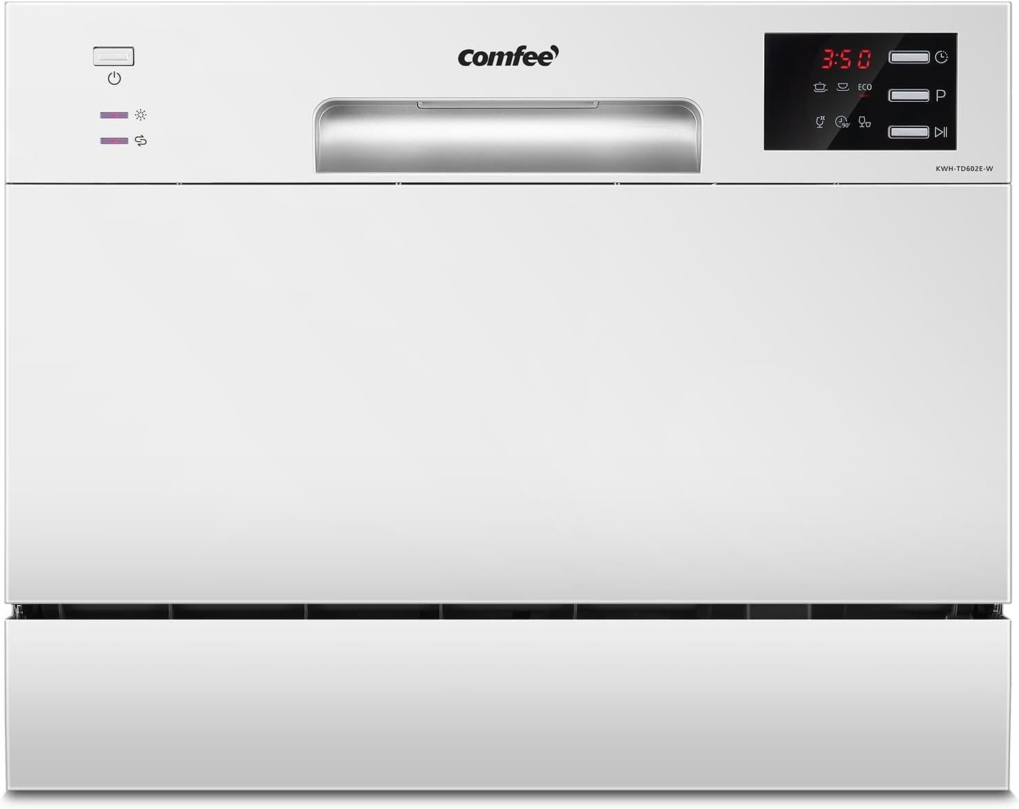 COMFEE' TD602E-W Lave-vaisselle compact pose libre, écran LED, 6,5 litres, blanc, niveau sonore : 47 dB