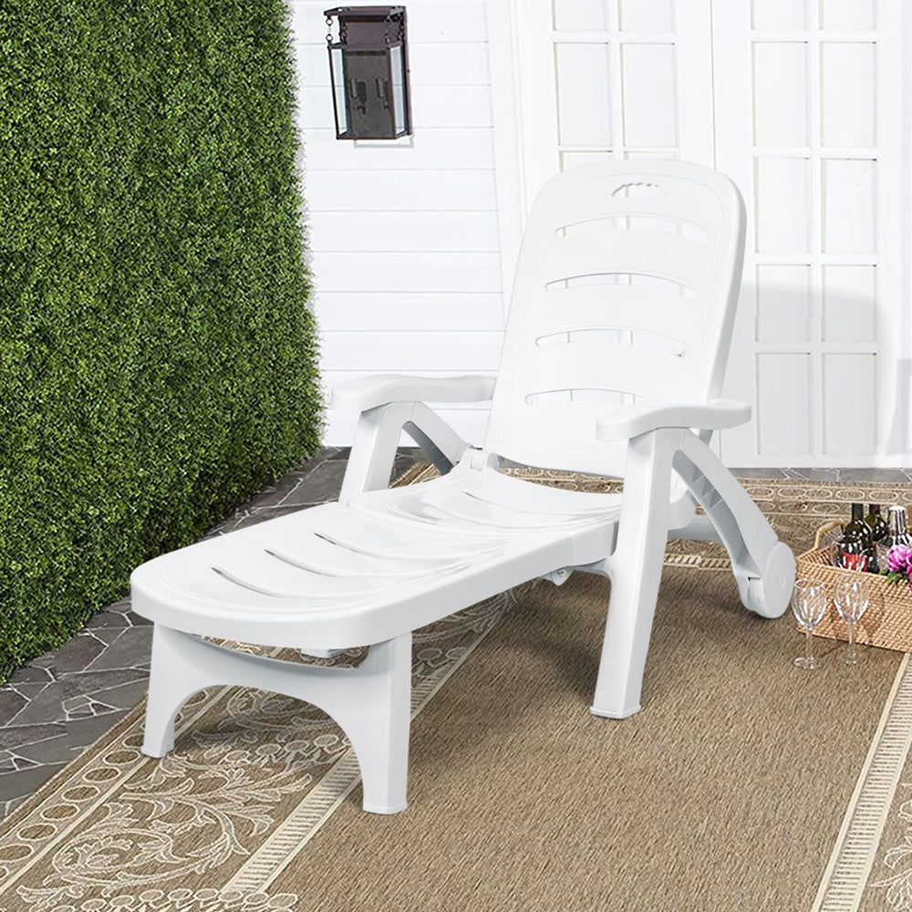 Chaise Longue Pliable Dossier Inclinable  5 Positions avec Roues Intgres pour Terrasse Jardin Piscine 150 kg Gris/Blanc/Bleu -