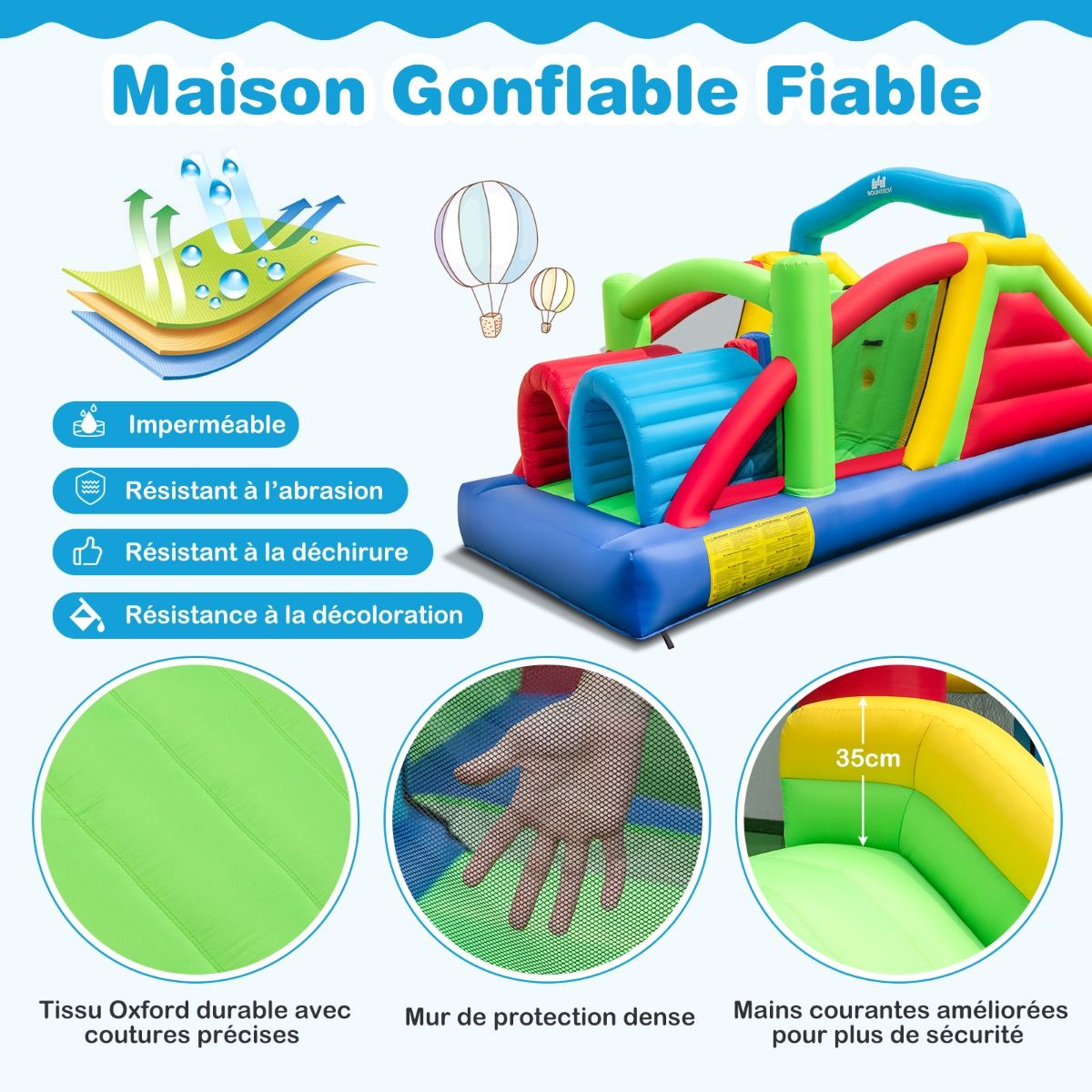 Château Gonflable pour 4 Enfants avec 2 Toboggans Tunnels Zone de Rebond Escalade Obstacles Maison de Jeu avec Souffleur de 680 W -