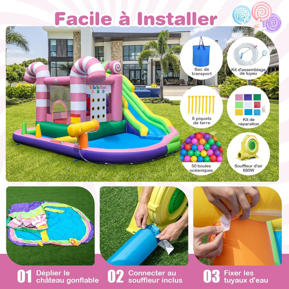 9 en 1 Ch芒teau Gonflable en Forme Bonbons avec Toboggan Maison de Saut Gonflable avec Pistolet  Eau Charge 90kg pour 2 Enfants de 3-10 Ans -