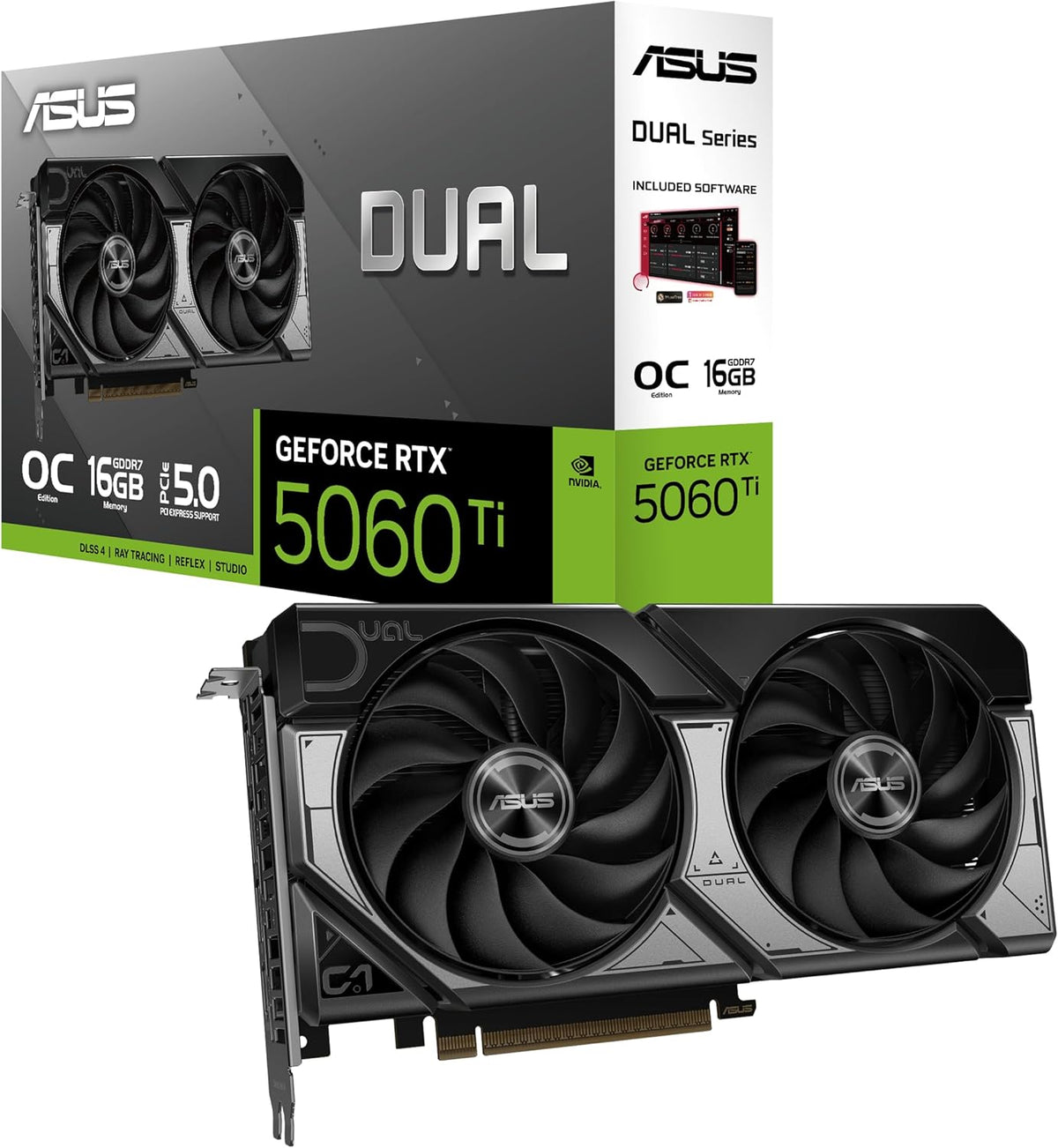 Asus Dual NVIDIA GeForce RTX 5060 Ti 16GB GDDR7 OC Edition – Carte Graphique (PCIe 5.0 DLSS 4 HDMI 2.1b DisplayPort 2.1b 2.5-Slot Ventilateurs axiaux Technologie 0dB Dual BIOS)