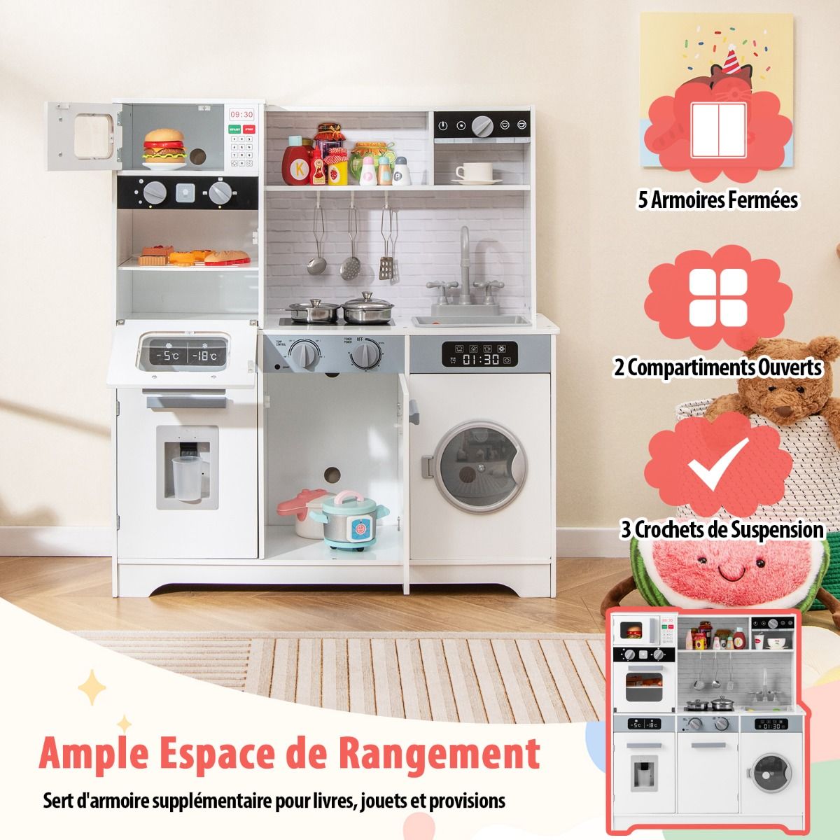 Cuisine de Jeu pour 3 Ans et Plus Jouets de Cuisine en Bois avec Evier Robinet Distributeur d橢au Micro-ondes Four Ustensiles Blanc -