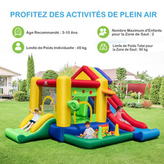 Château Gonflable à Thème Arc-en-ciel 7 en 1 avec Ventilateur Double Toboggans Piscine à Balles Panier de Basket Charge 90kg -