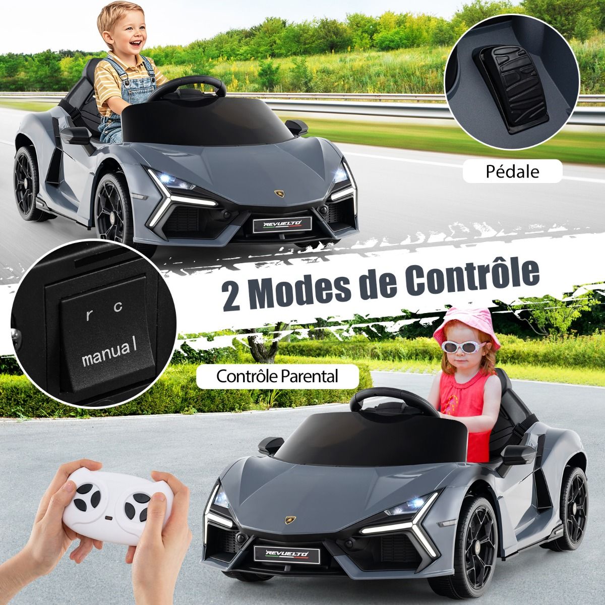 Voiture Electrique 12V pour Enfants Sous Licence Revuelto Télécommande Portes Hydrauliques pour 37-95 Mois Gris/Orange -