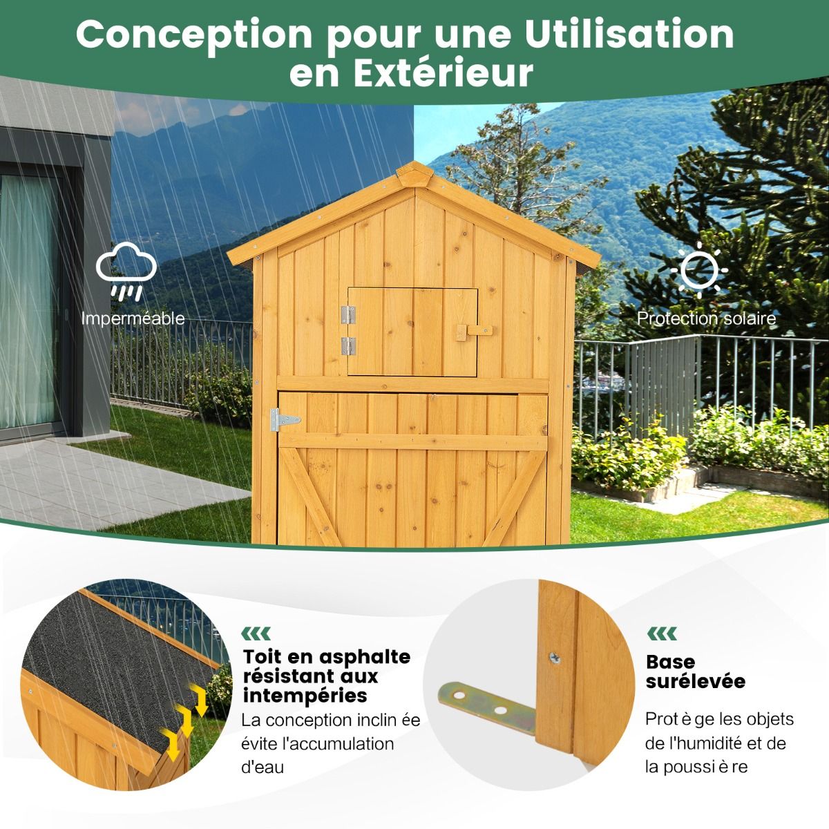 Armoire de Jardin en Bois Imperméable avec Toit Abri de Jardin avec Table Pliable Étagères et 8 Crochets 75x50x180,5CM -