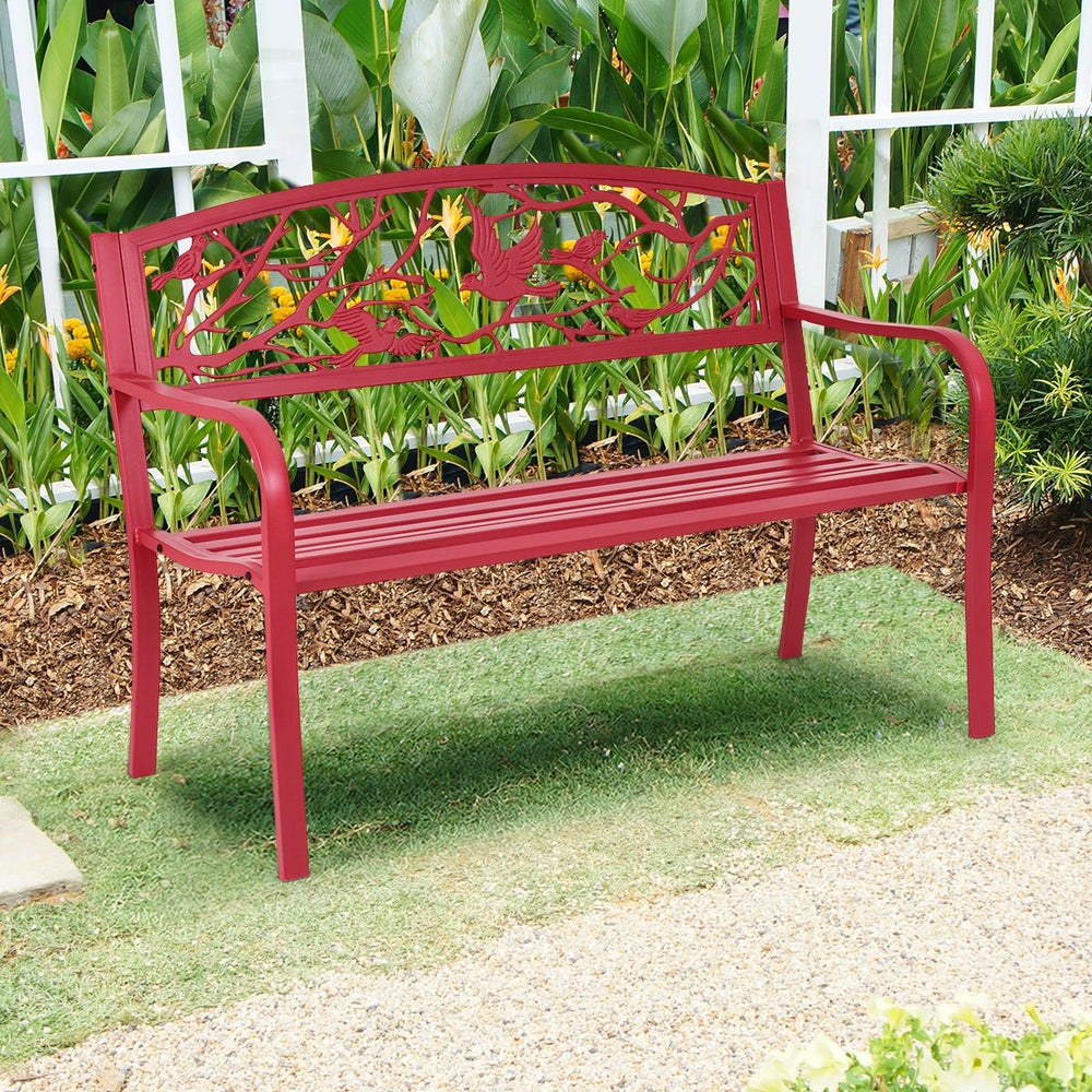 Banc de Jardin en Fer Résistant de Haute Qualité Style Contemporain 2-3 Places Parfait pour Extérieur 127x60x88cm Rouge -