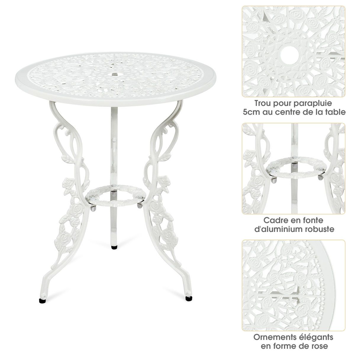 Ensemble Table et 2 Chaises pour Jardin en Aluminium en Forme de Rose Blanc Rsistant aux Intempries -
