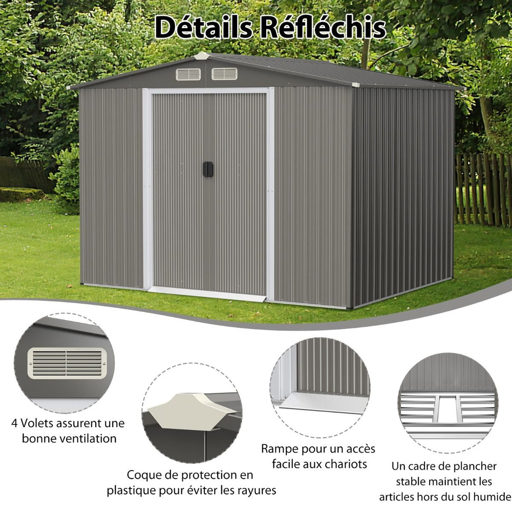 Abri de Jardin Mtal Extrieur 9.74m鲁 Acier Galvanis avec Fondation 4 Persiennes Double Porte et Rampe 260 x 207 x 181 cm Gris Fonc/Gris Clair -