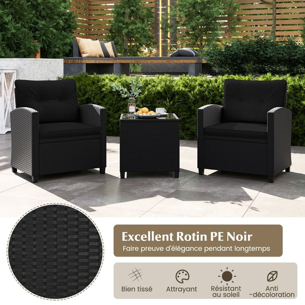 Ensemble de Meubles 3 Pièces de Patio en Rotin Charge 180KG Salon de Jardin 2 Fauteuils Table Basse avec Plateau Noir/Beige/Blanc -