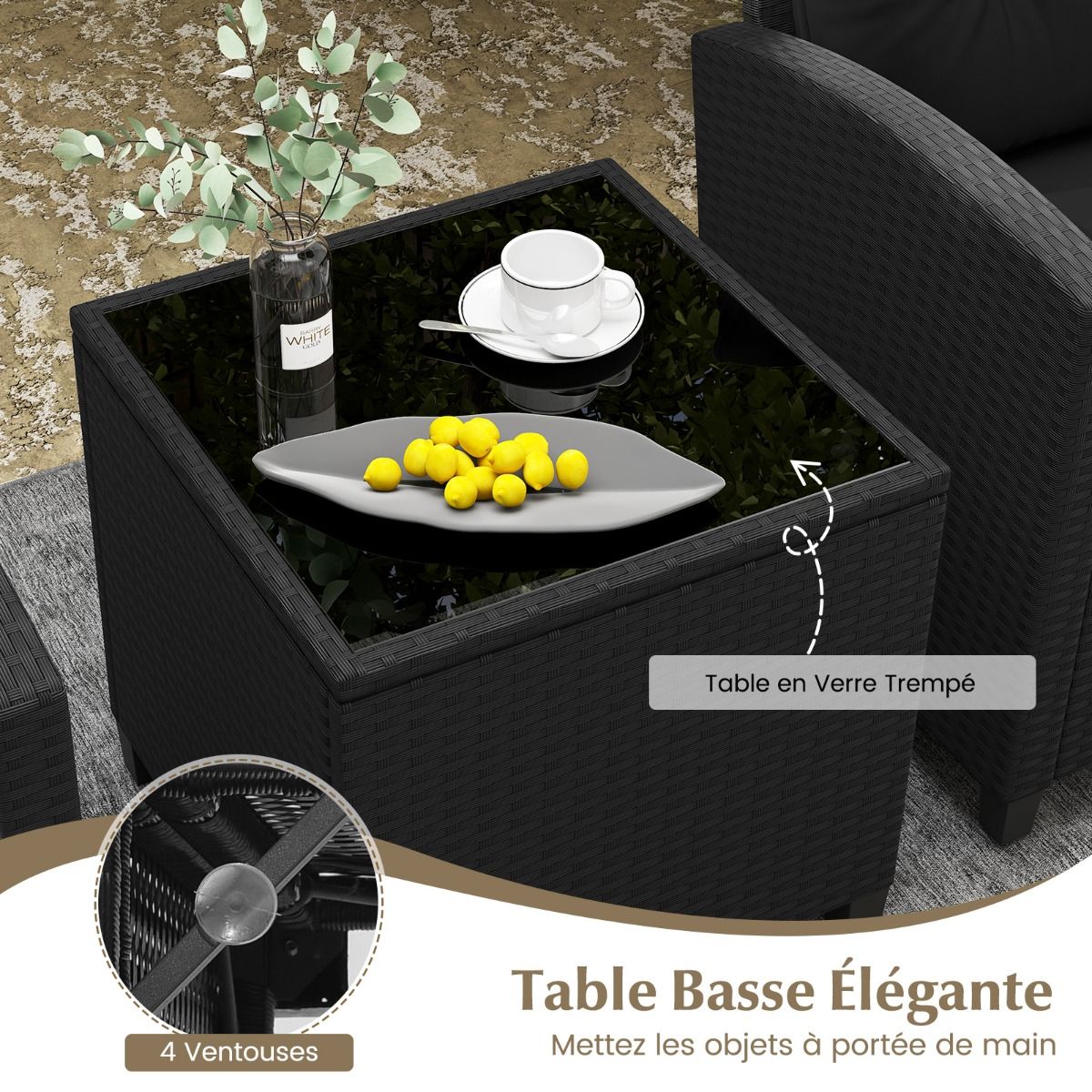 Ensemble de Meubles 3 Pièces de Patio en Rotin Charge 180KG Salon de Jardin 2 Fauteuils Table Basse avec Plateau Noir/Beige/Blanc -