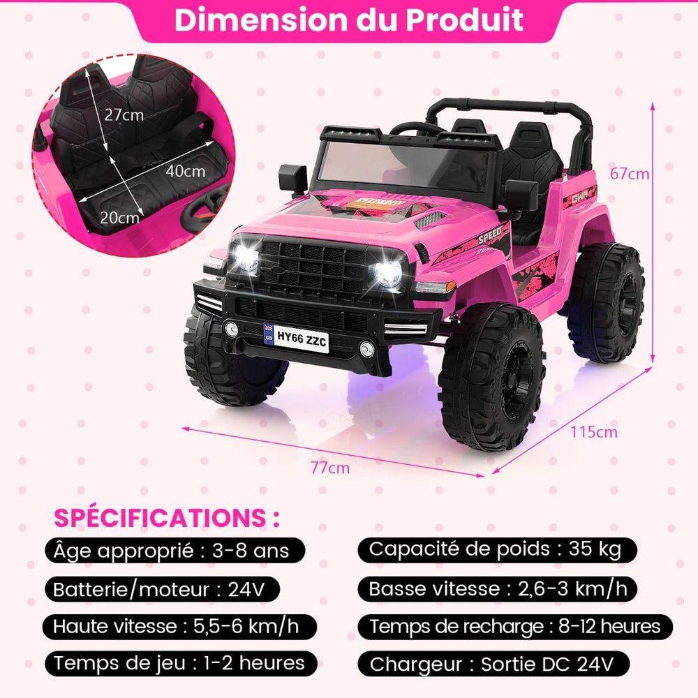 24V Voiture lectrique 2 Places Enfants avec Tlcommande 2,4G Musique LED Dmarrage Lent 2 Vitesses Charge 35kg pour 3-8 Ans+ Rouge/Rose/Vert -