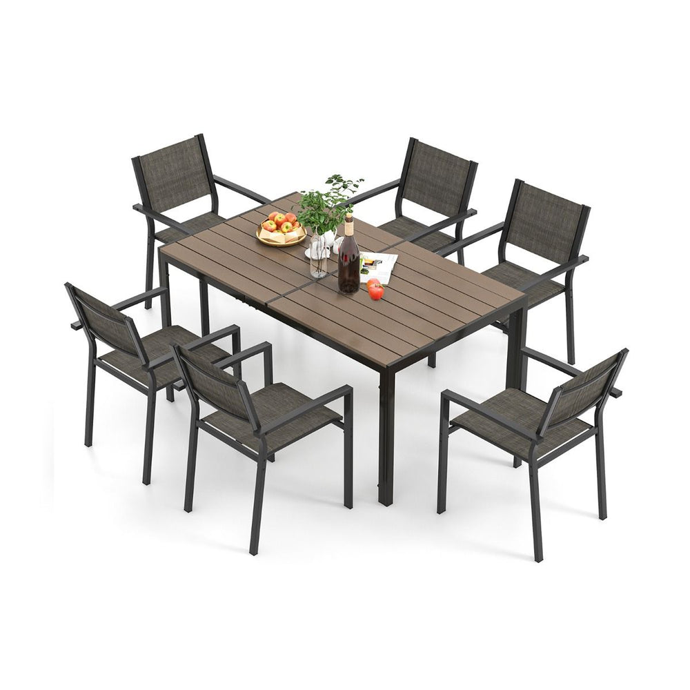 Ensemble de Meubles de Patio 7 Pièces pour 6 Personnes Salon de Jardin avec 6 Chaises Empilables et Table Rectangulaire Gris -