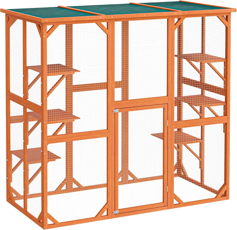 Wiltec Enclos extérieur – 168 x 82 x 166,5 cm – en Bois de Sapin et avec Grillage – Parc pour Chat résistant aux intempéries – avec 6 Zones de Repos – Félins