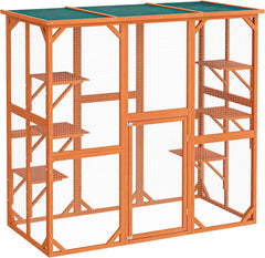 Wiltec Enclos extérieur – 168 x 82 x 166,5 cm – en Bois de Sapin et avec Grillage – Parc pour Chat résistant aux intempéries – avec 6 Zones de Repos – Félins
