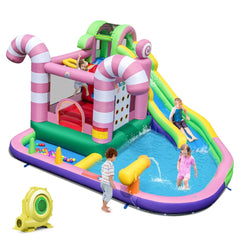 9 en 1 Ch芒teau Gonflable en Forme Bonbons avec Toboggan Maison de Saut Gonflable avec Pistolet  Eau Charge 90kg pour 2 Enfants de 3-10 Ans -